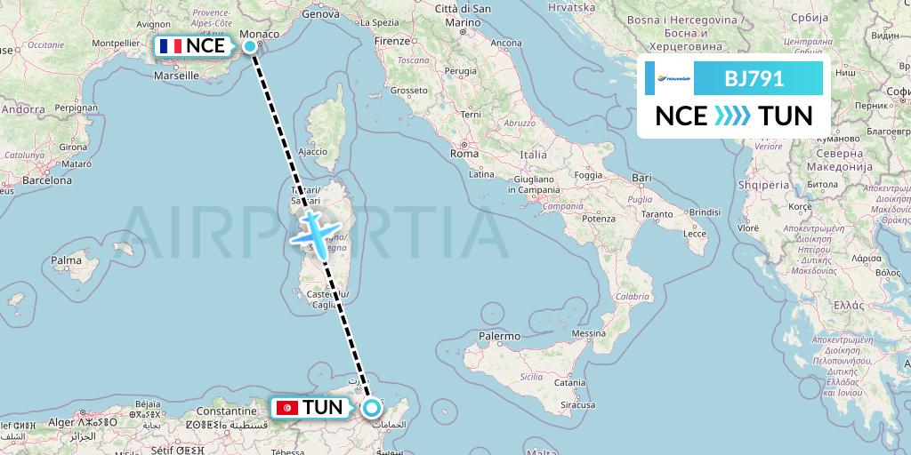 BJ791 Nouvelair Tunisie Flight Map: Nice to Tunis