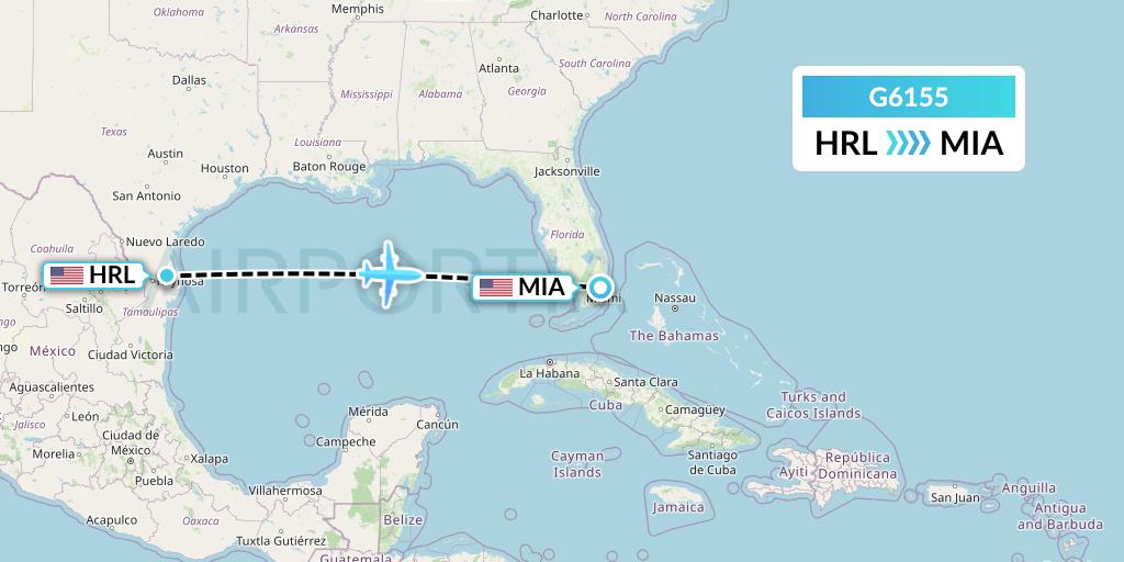 G6155 Fly Arna Flight Map: Harlingen to Miami