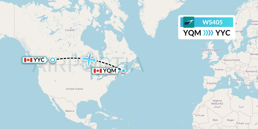 WS405 WestJet Flight Map: Moncton to Calgary