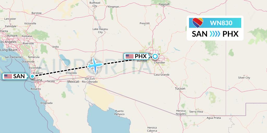 WN830 Southwest Airlines Flight Map: San Diego to Phoenix