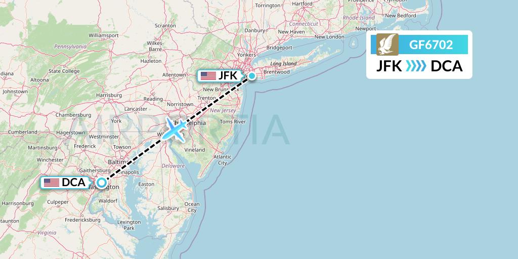 GF6702 Gulf Air Flight Map: New York to Washington