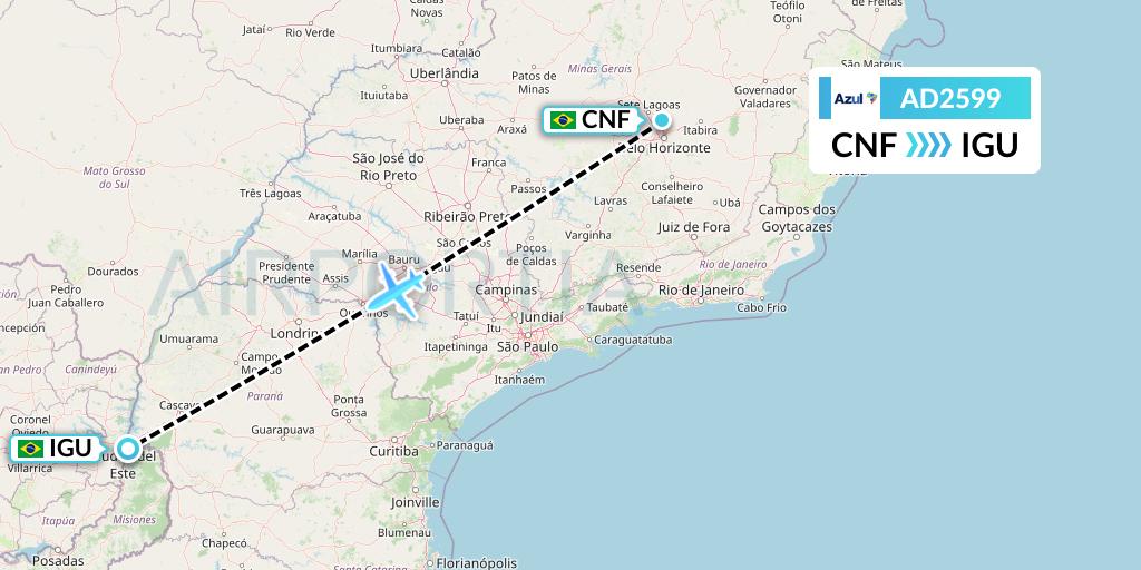 AD2599 Azul Brazilian Airlines Flight Map: Belo Horizonte to Foz do Iguacu