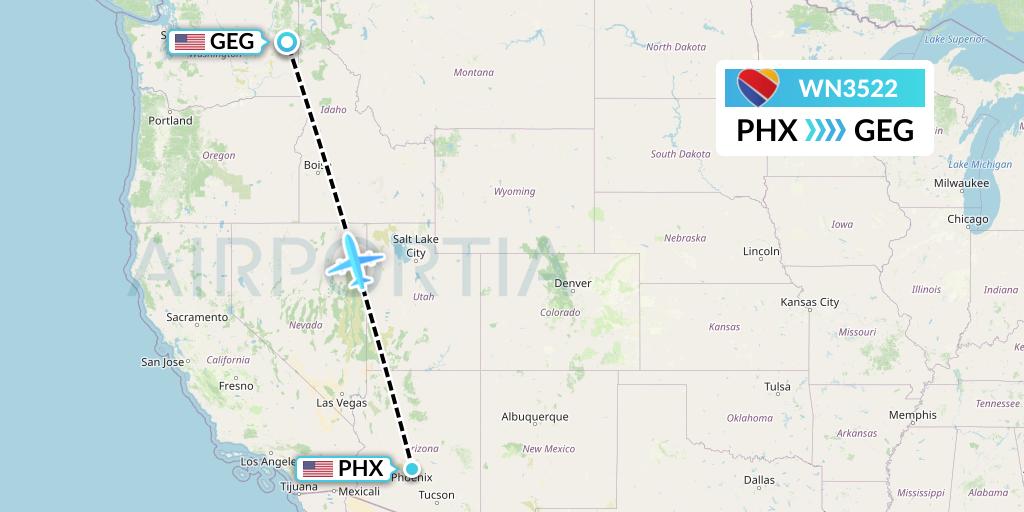 WN3522 Southwest Airlines Flight Map: Phoenix to Spokane
