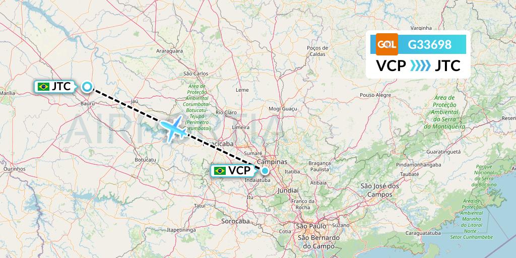 G33698 GOL Transportes Aeros Flight Map: Campinas to Bauru
