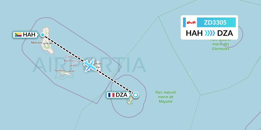 ZD3305 EWA Air Flight Map: Moroni to Dzaoudzi