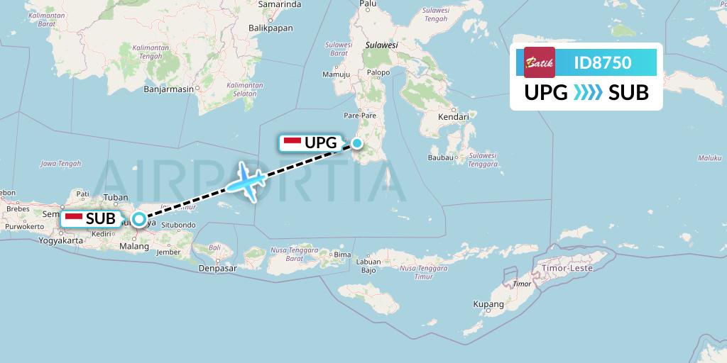 ID8750 Batik Air Flight Map: Makassar to Surabaya