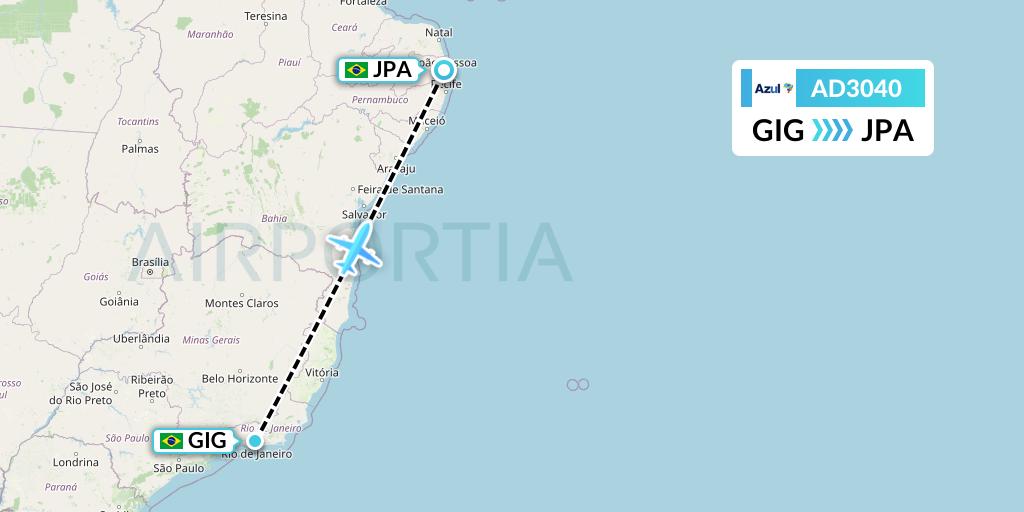 AD3040 Azul Brazilian Airlines Flight Map: Rio de Janeiro to Joao Pessoa
