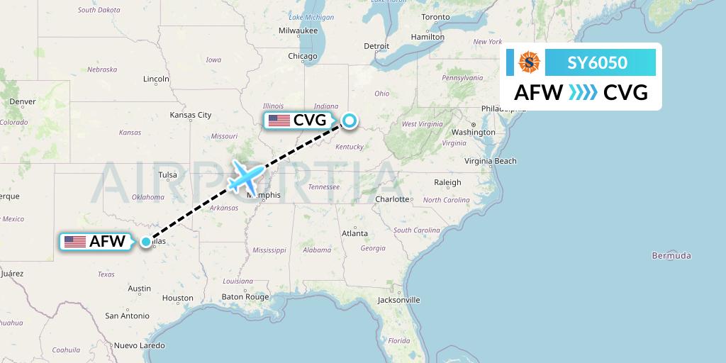 SY6050 Sun Country Airlines Flight Map: Fort Worth to Cincinnati