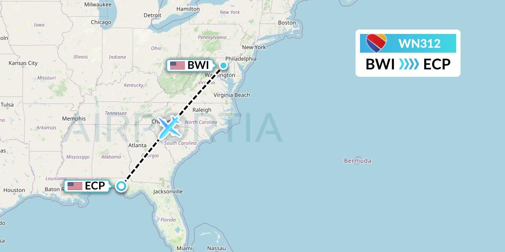 WN312 Southwest Airlines Flight Map: Baltimore to Panama City