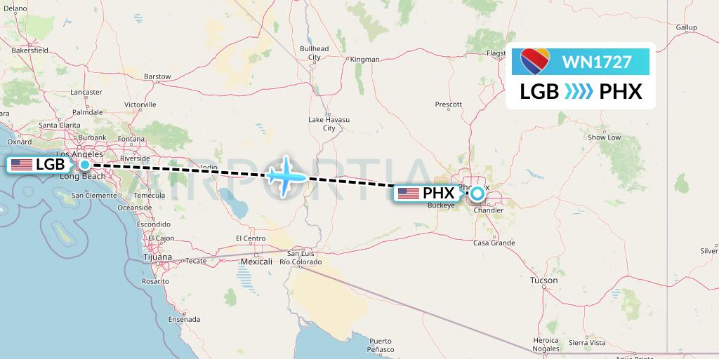 WN1727 Southwest Airlines Flight Map: Long Beach to Phoenix