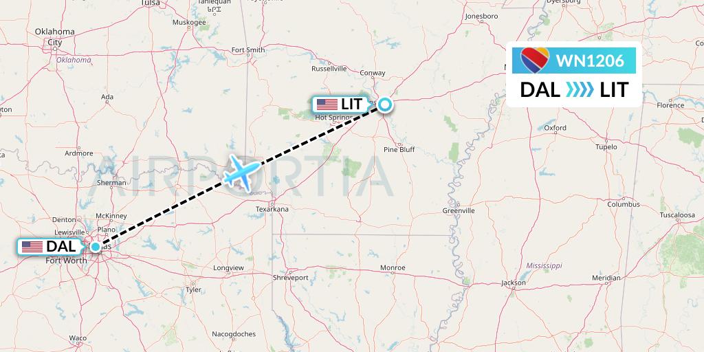 WN1206 Southwest Airlines Flight Map: Dallas to Little Rock