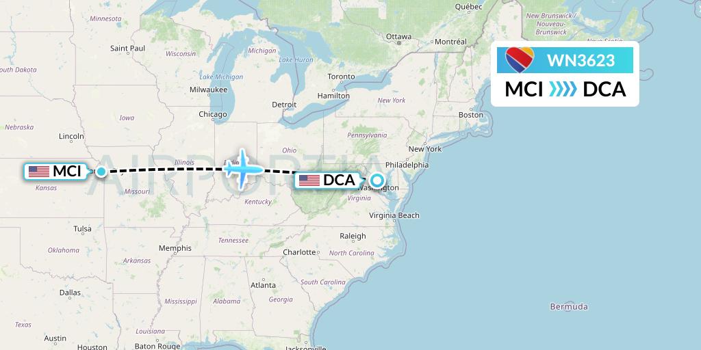 WN3623 Southwest Airlines Flight Map: Kansas City to Washington
