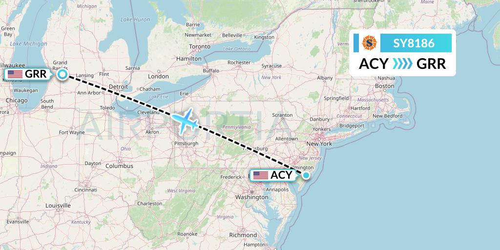 SY8186 Sun Country Airlines Flight Map: Atlantic City to Grand Rapids