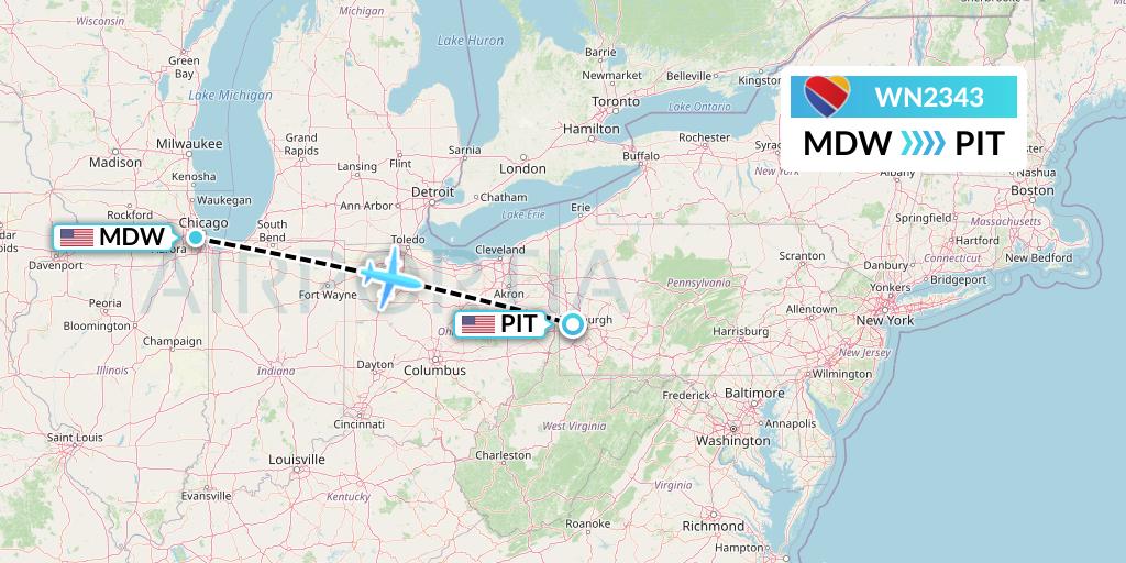 WN2343 Southwest Airlines Flight Map: Chicago to Pittsburgh