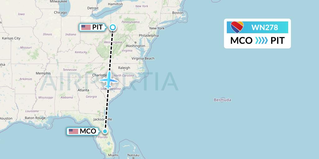 WN278 Southwest Airlines Flight Map: Orlando to Pittsburgh