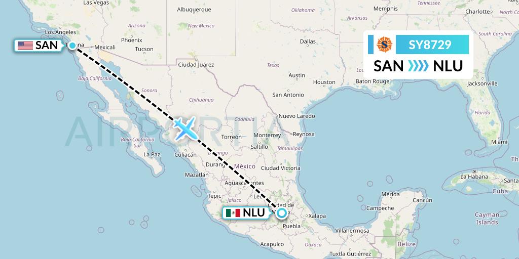 SY8729 Sun Country Airlines Flight Map: San Diego to Reyes Acozac