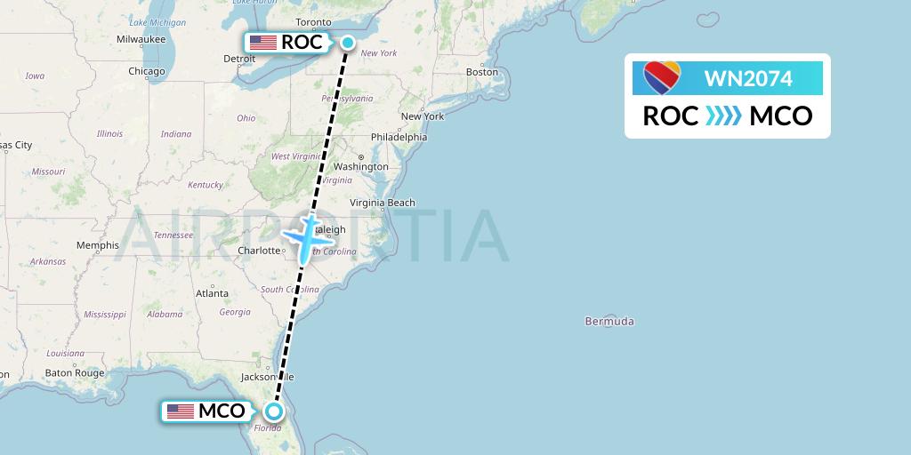 WN2074 Southwest Airlines Flight Map: Rochester to Orlando