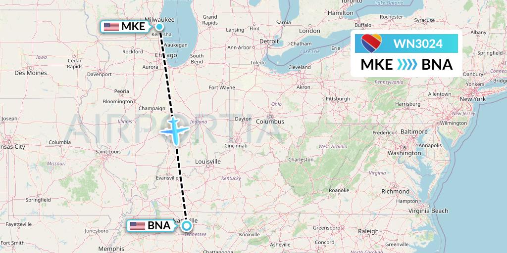 WN3024 Southwest Airlines Flight Map: Milwaukee to Nashville