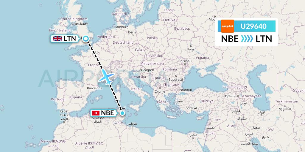 U29640 EasyJet Flight Map: Enfidha to London