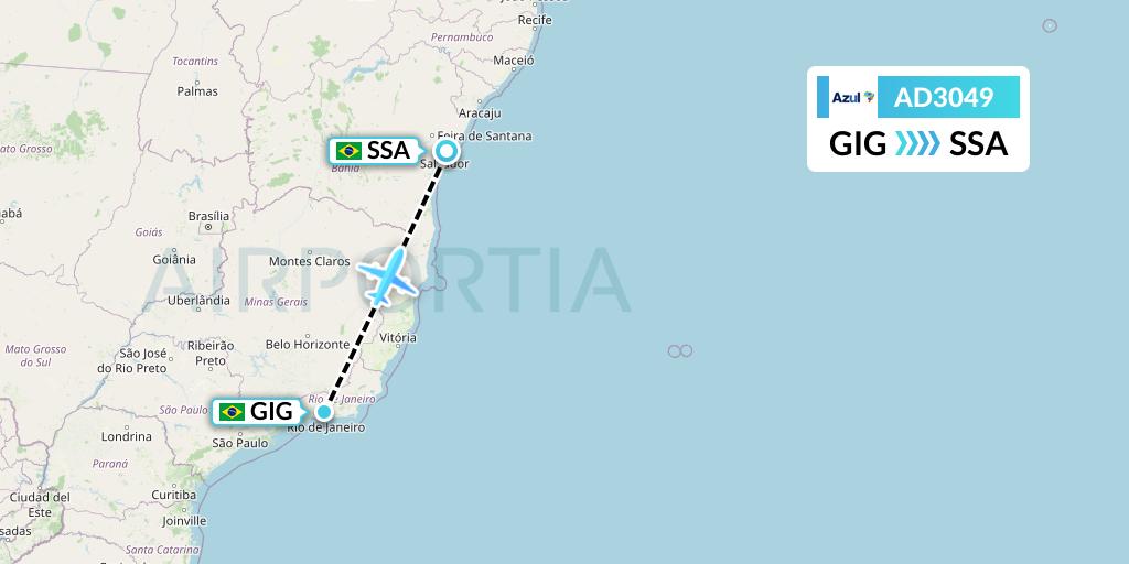 AD3049 Azul Brazilian Airlines Flight Map: Rio de Janeiro to Salvador