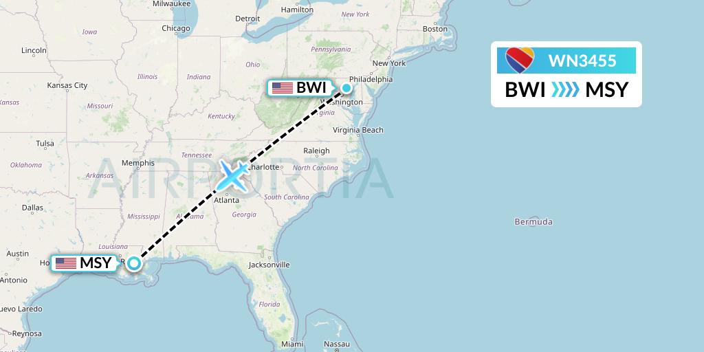 WN3455 Southwest Airlines Flight Map: Baltimore to New Orleans