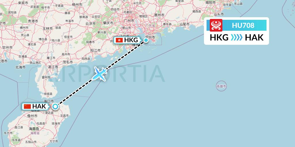 HU708 Hainan Airlines Flight Map: Hong Kong to Haikou