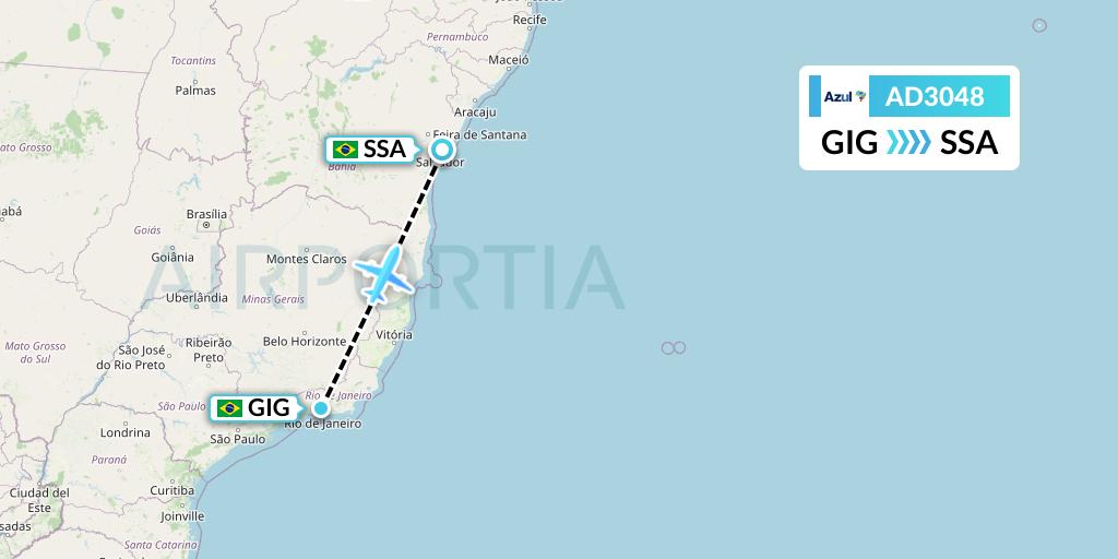 AD3048 Azul Brazilian Airlines Flight Map: Rio de Janeiro to Salvador