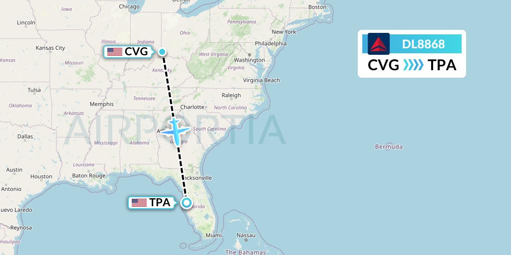 DL8868 Delta Air Lines Flight Map: Cincinnati to Tampa