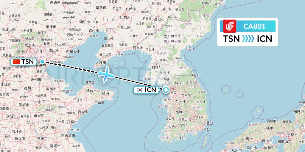 CA801 Air China Flight Map: Tianjin to Seoul