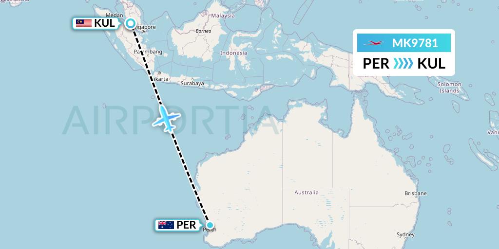 MK9781 Air Mauritius Flight Map: Perth to Kuala Lumpur