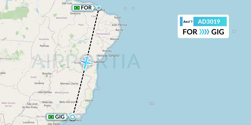 AD3019 Azul Brazilian Airlines Flight Map: Fortaleza to Rio de Janeiro