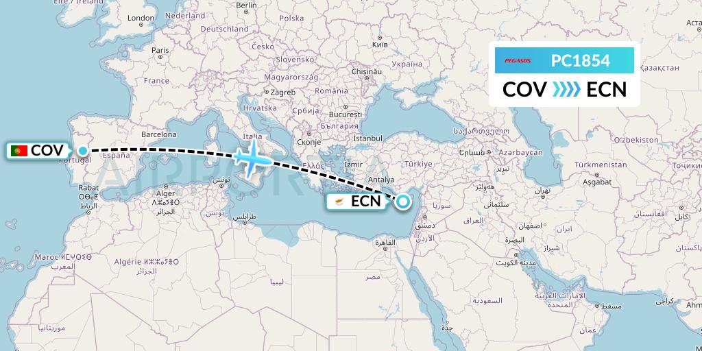 PC1854 Pegasus Airlines Flight Map: Portugal to Tymvou