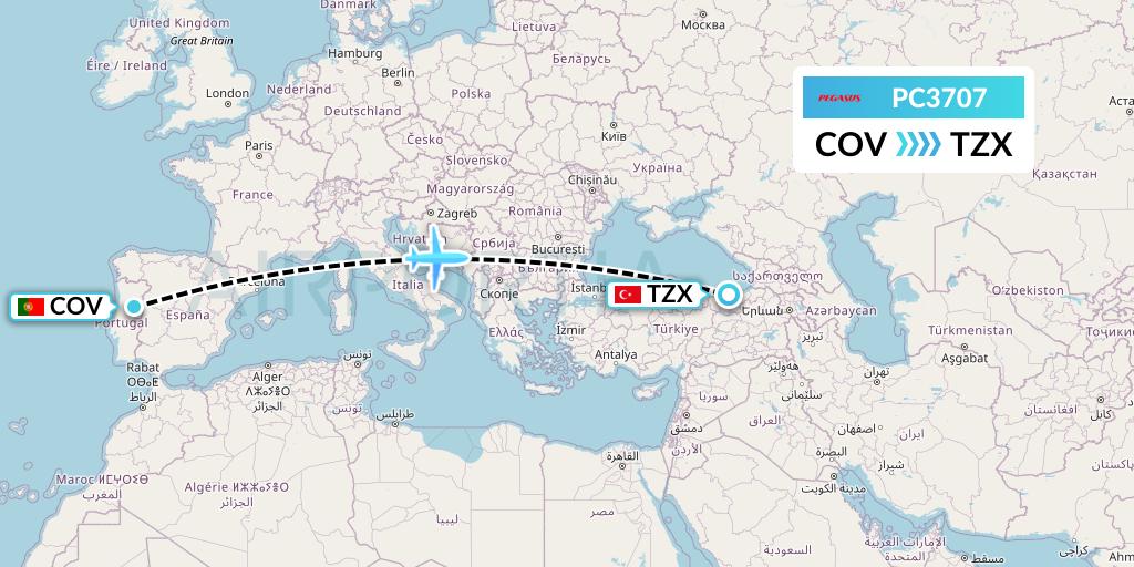 PC3707 Pegasus Airlines Flight Map: Portugal to Trabzon