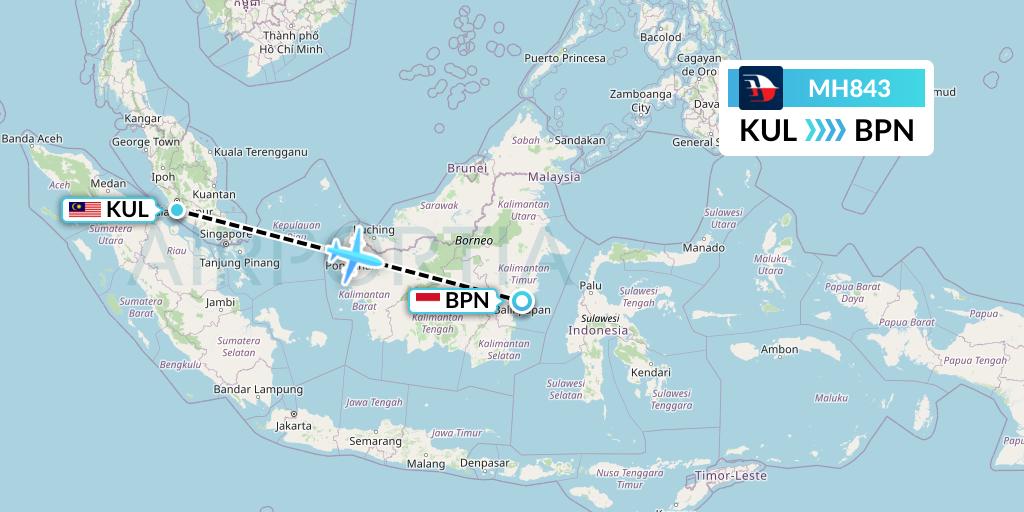 MH843 Malaysia Airlines Flight Map: Kuala Lumpur to Balikpapan