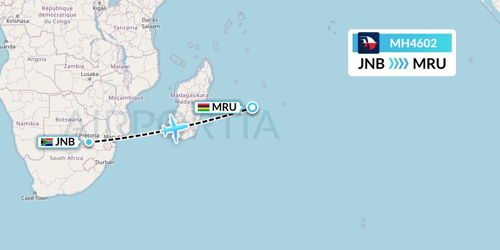 MH4602 Malaysia Airlines Flight Map: Johannesburg to Port Louis