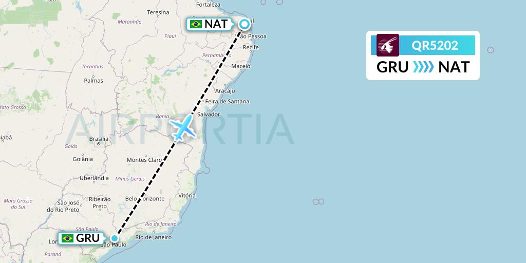 QR5202 Qatar Airways Flight Map: Sao Paulo to Natal