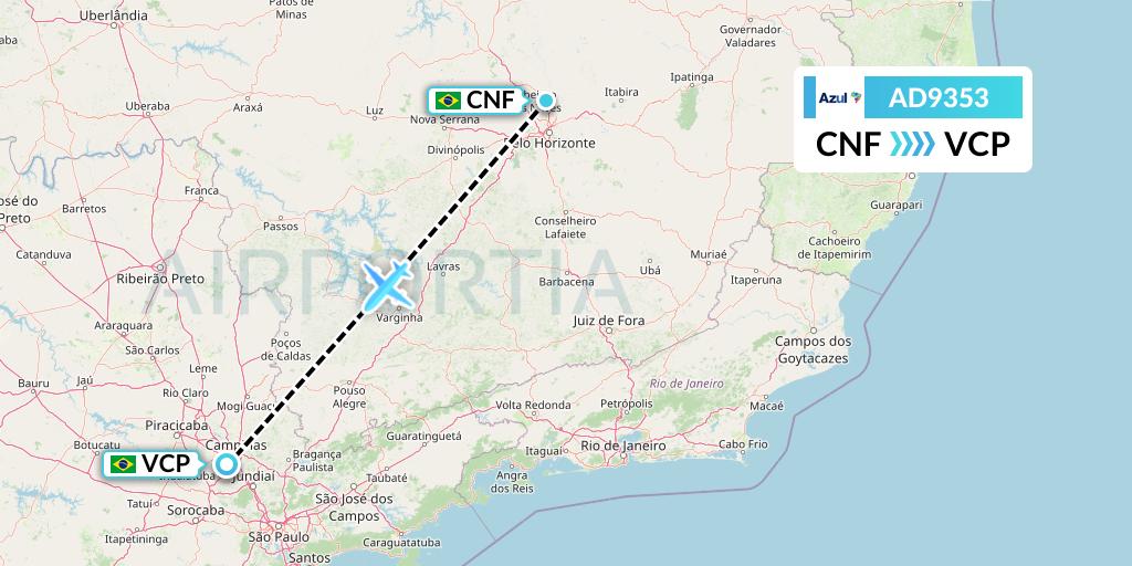 AD9353 Azul Brazilian Airlines Flight Map: Belo Horizonte to Campinas