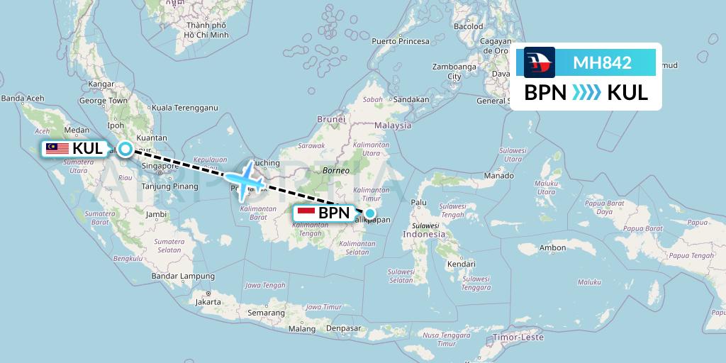 MH842 Malaysia Airlines Flight Map: Balikpapan to Kuala Lumpur