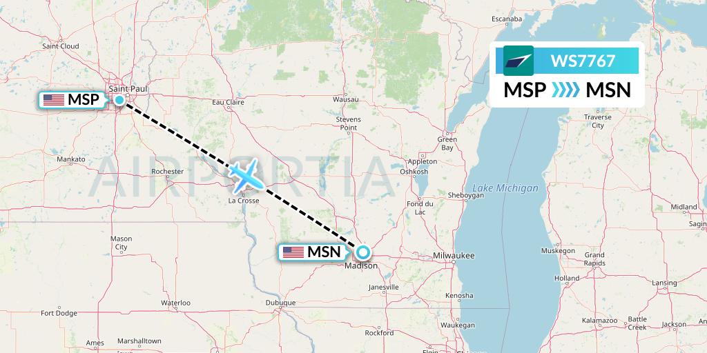 WS7767 WestJet Flight Map: Minneapolis to Madison