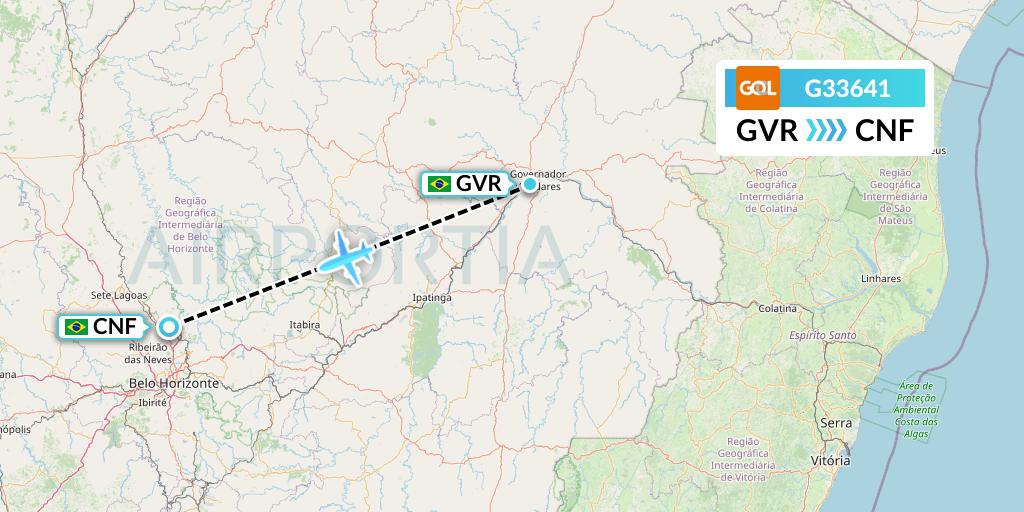 G33641 GOL Transportes Aeros Flight Map: Governador Valadares to Belo Horizonte
