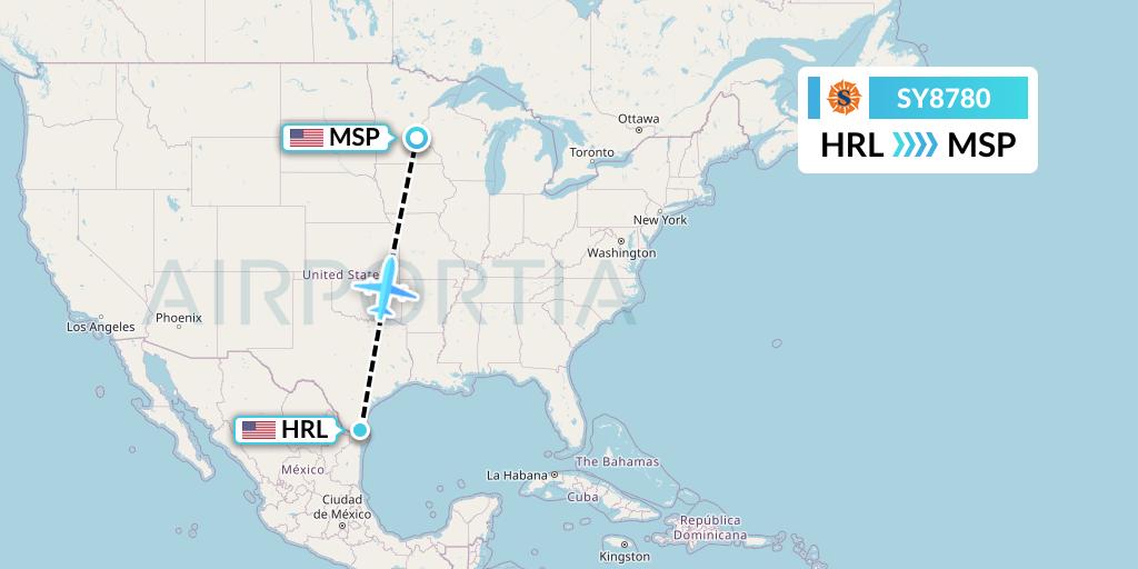 SY8780 Sun Country Airlines Flight Map: Harlingen to Minneapolis