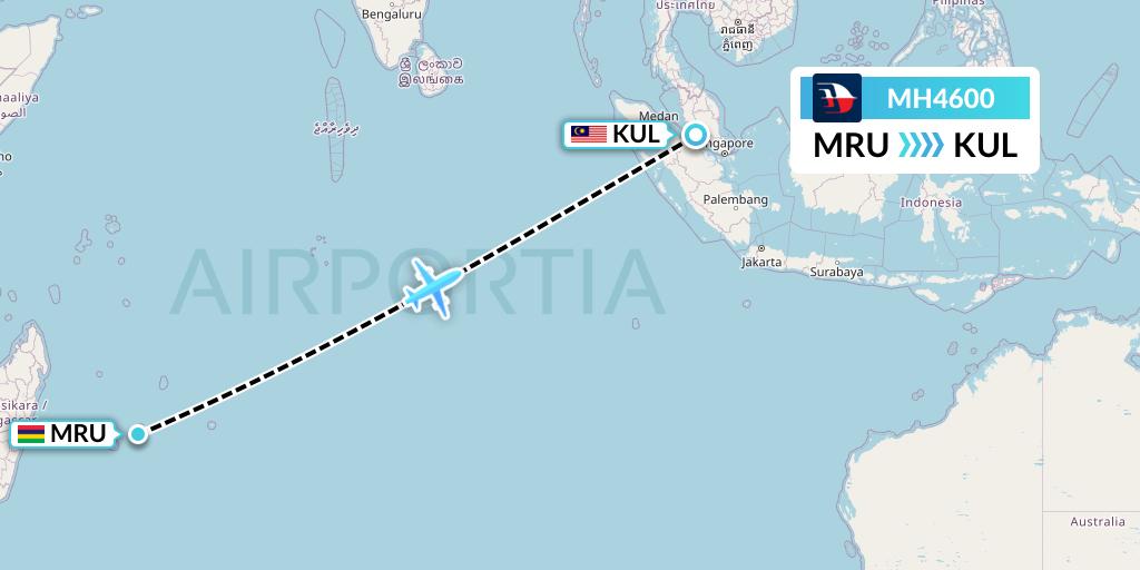 MH4600 Malaysia Airlines Flight Map: Port Louis to Kuala Lumpur