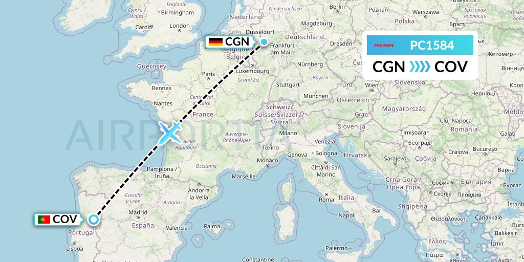 PC1584 Pegasus Airlines Flight Map: Cologne to Portugal