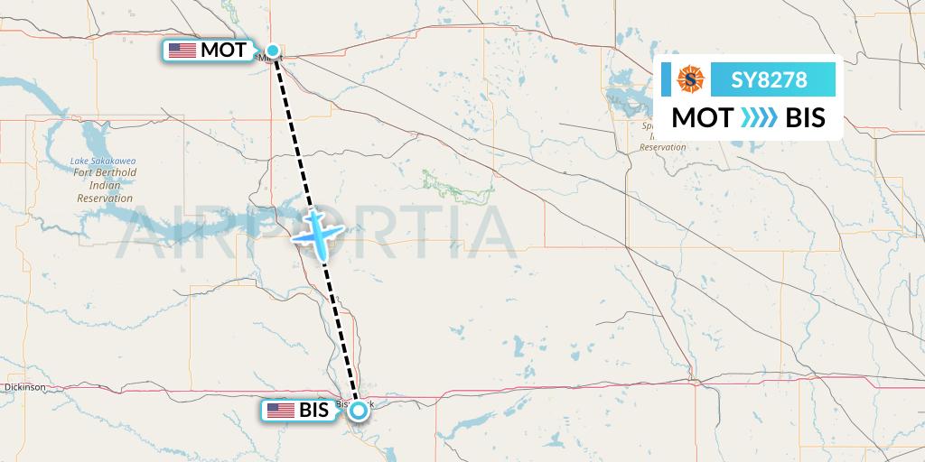 SY8278 Sun Country Airlines Flight Map: Minot to Bismarck
