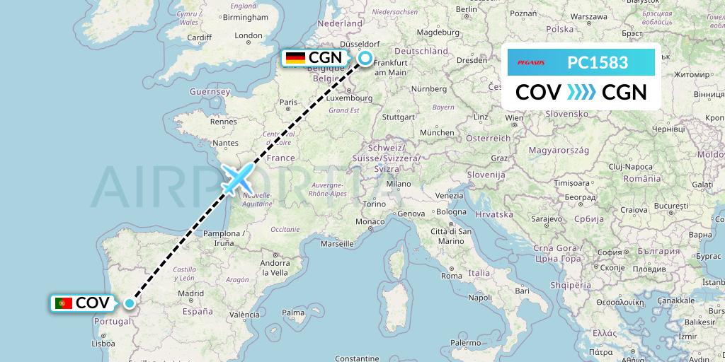 PC1583 Pegasus Airlines Flight Map: Portugal to Cologne