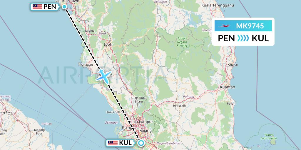 MK9745 Air Mauritius Flight Map: Penang to Kuala Lumpur