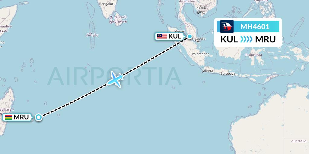 MH4601 Malaysia Airlines Flight Map: Kuala Lumpur to Port Louis