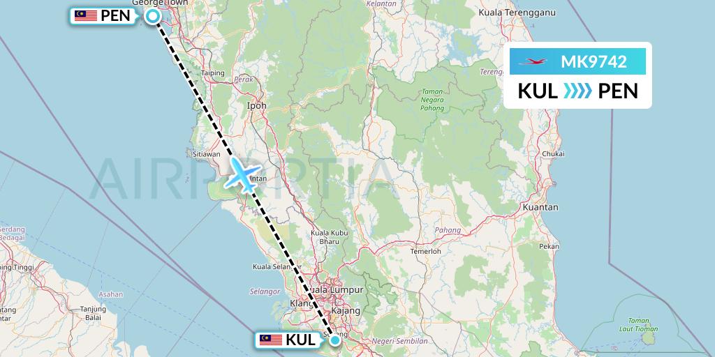 MK9742 Air Mauritius Flight Map: Kuala Lumpur to Penang