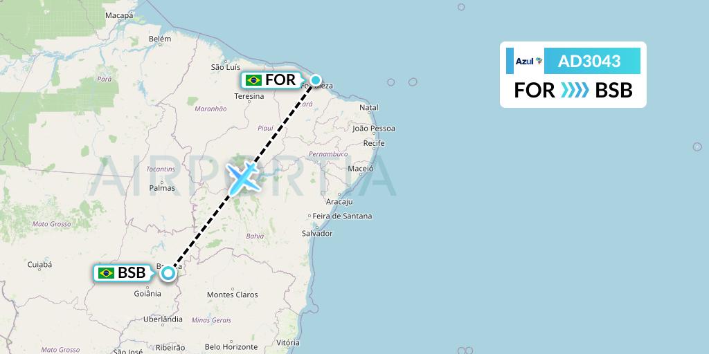 AD3043 Azul Brazilian Airlines Flight Map: Fortaleza to Brasilia