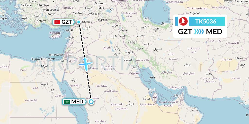 TK5036 Turkish Airlines Flight Map: Gaziantep to Medina